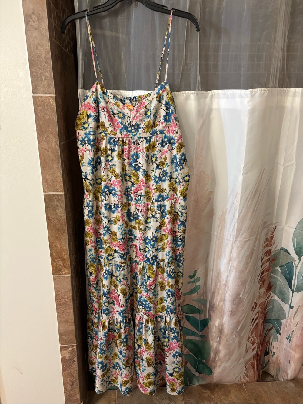Floral Spaghetti Strap Maxi Dress - Blue, Pink, Green on Cream